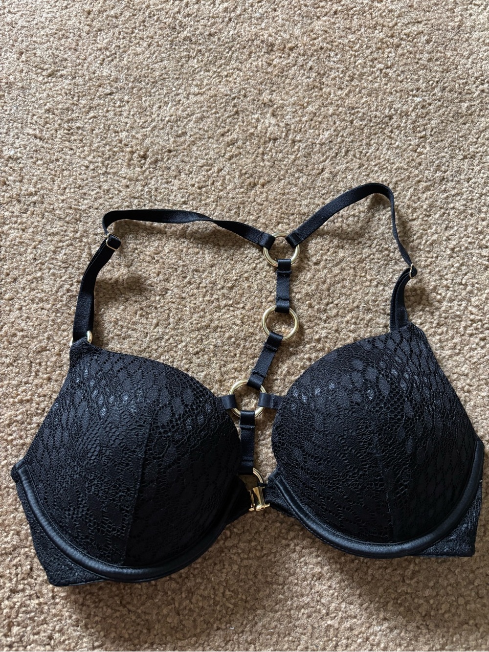 Victoria's Secret Black Lace Push-Up Bra with Ring Front Detail 32C